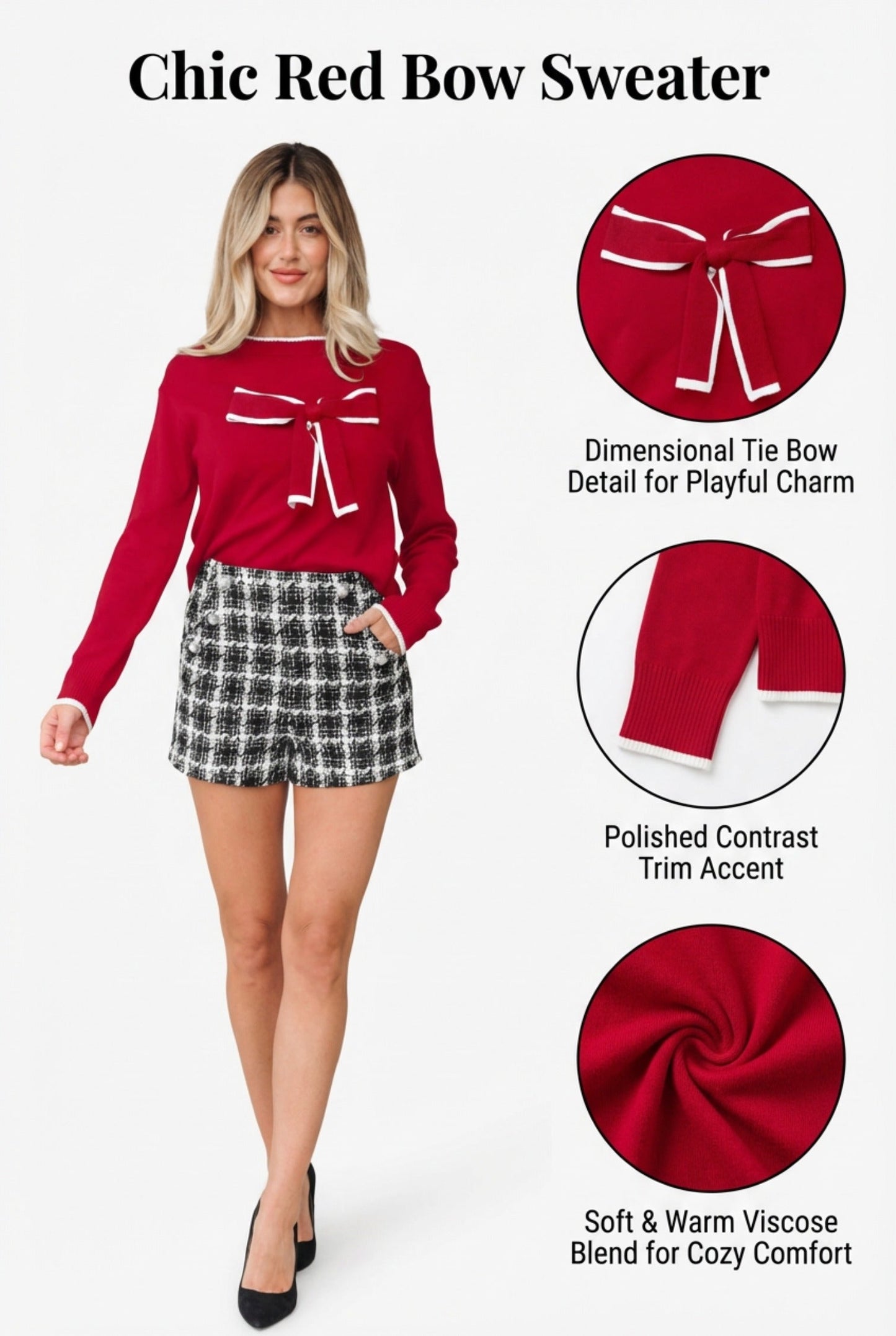 Bow Tie Contrast Trim Cropped Sweater