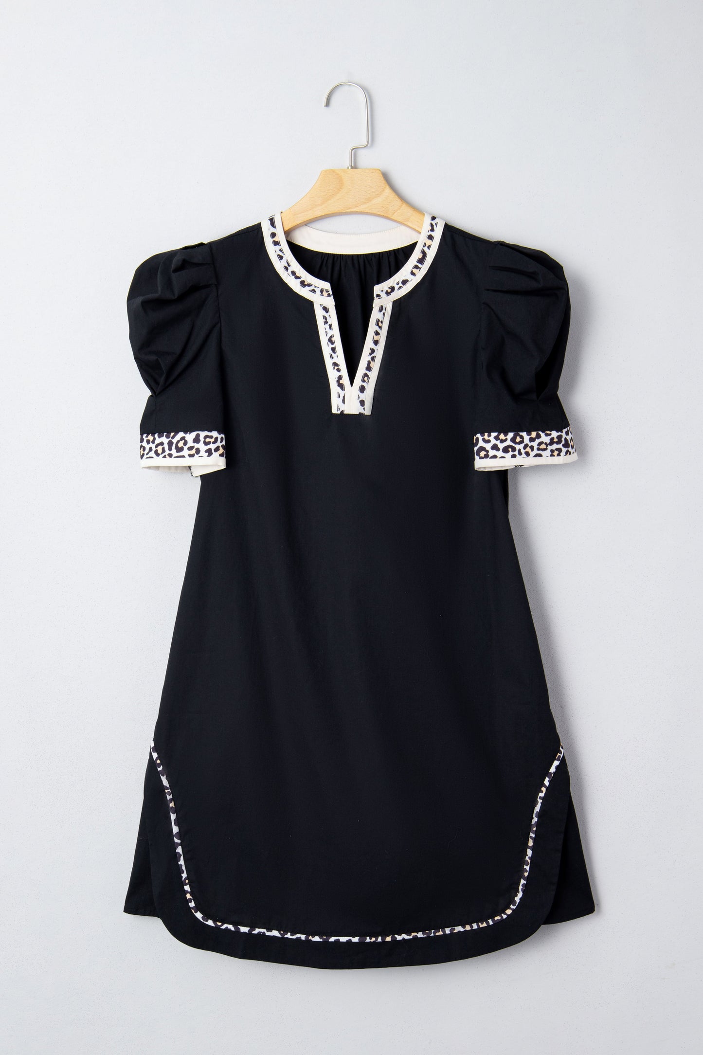 Leopard Trim Short Puff Sleeve Mini Dress