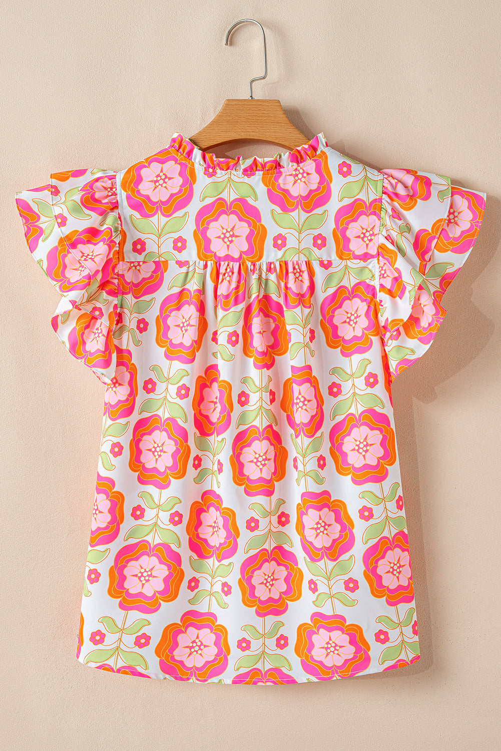 Floral Ricrac Trim  Ruffle Sleeve Blouse