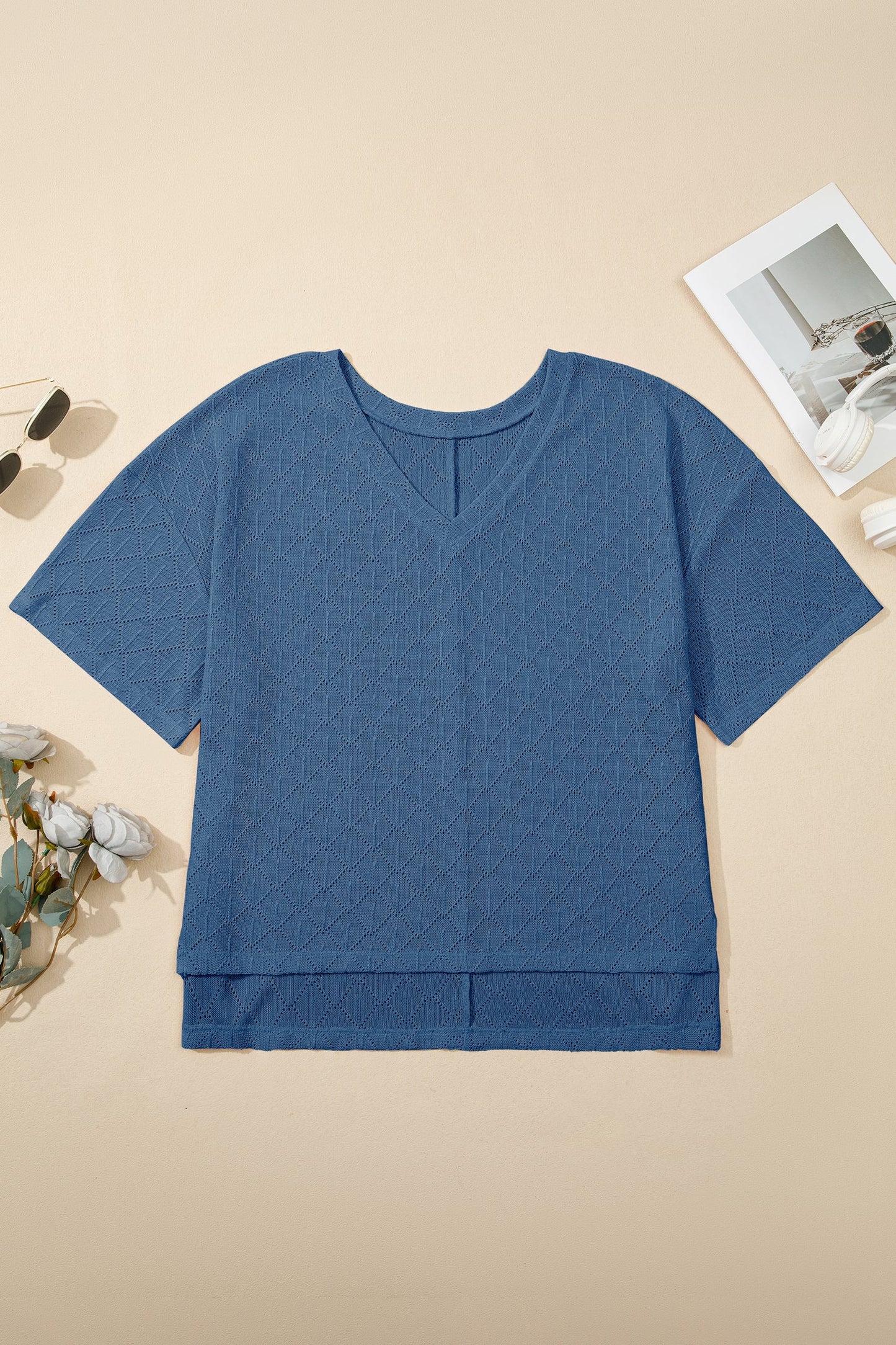 Plus Size Rhombus Pointelle Knit V-Neck Top