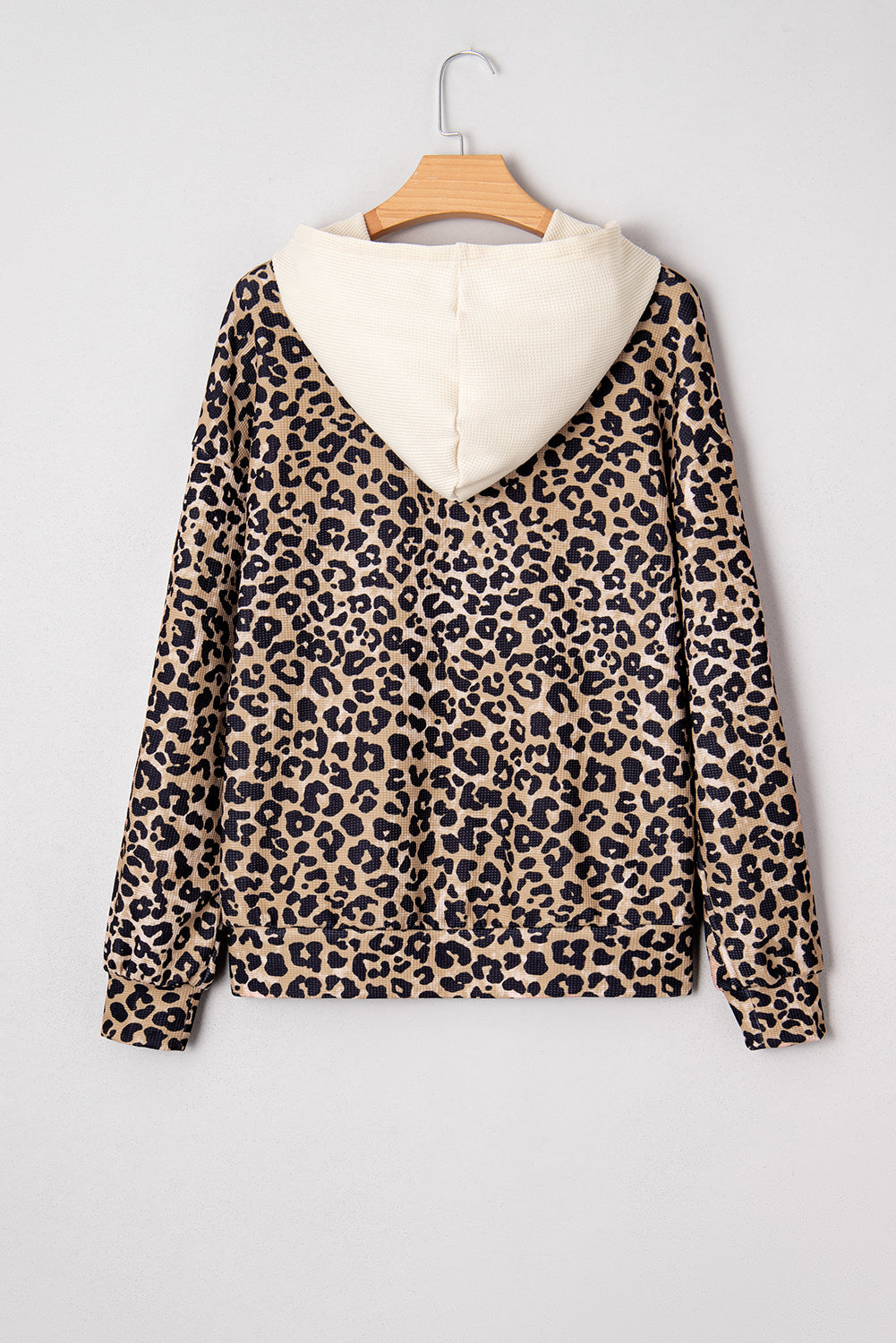 Leopard Waffle Knit Kangaroo Pocket Hooded Sweatshirt