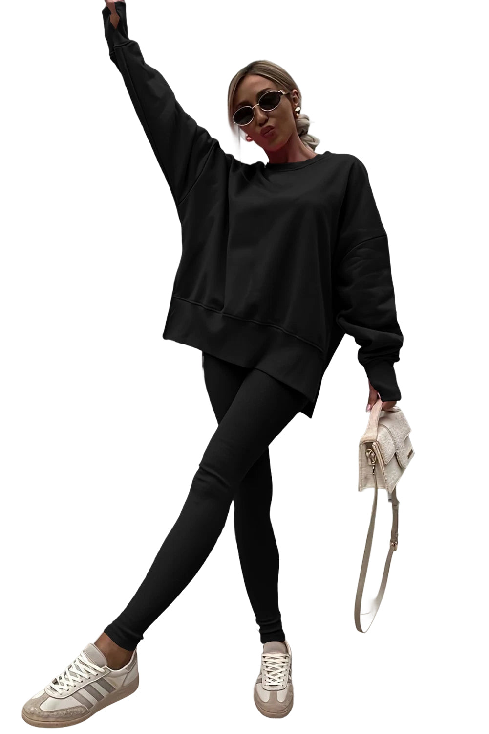 Solid Oversize Sweatshirt and Ribbed Leggings Set