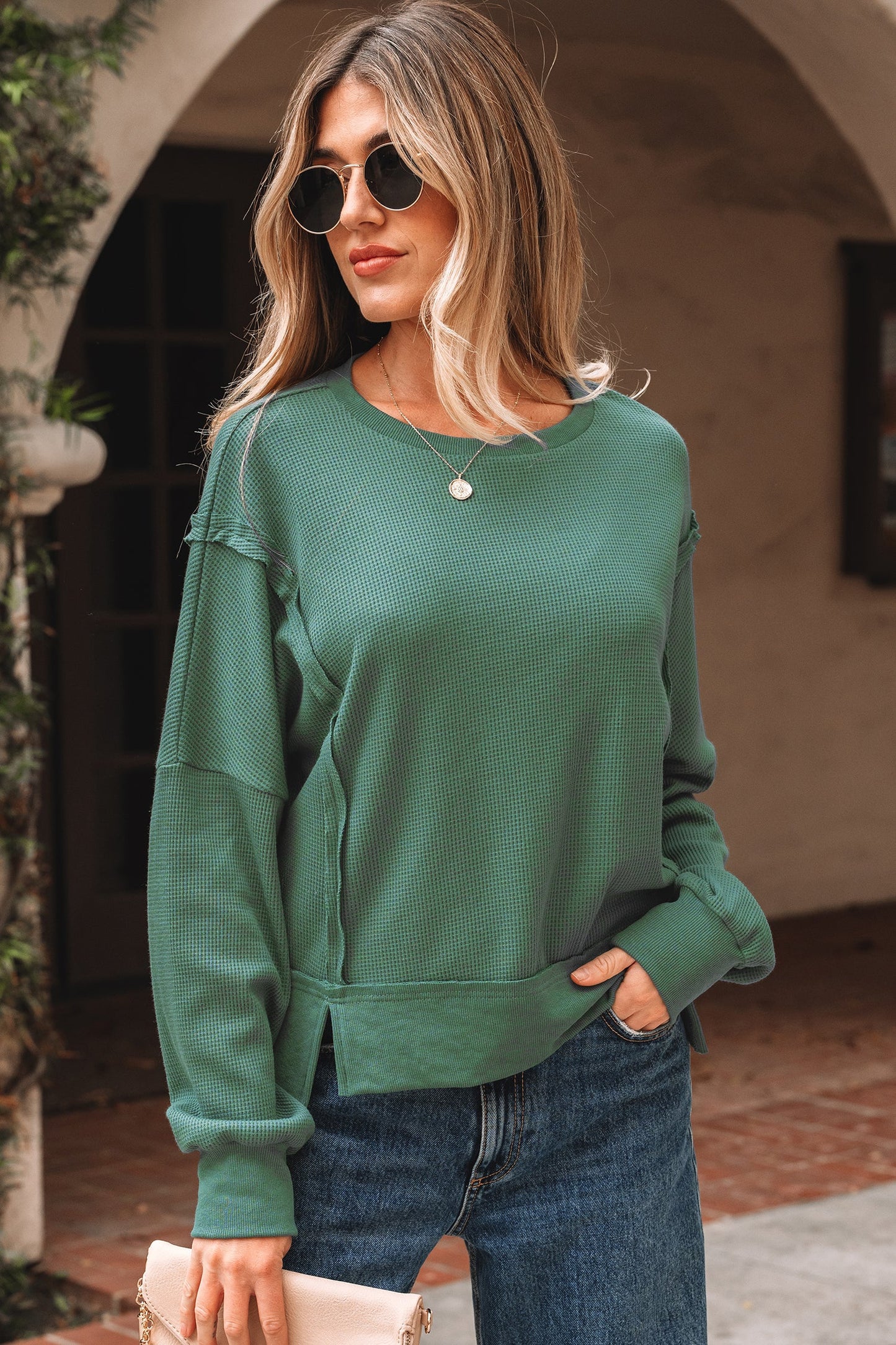 Solid Ribbed Raw Seam Patchwork Drop Shoulder Sweatshirt