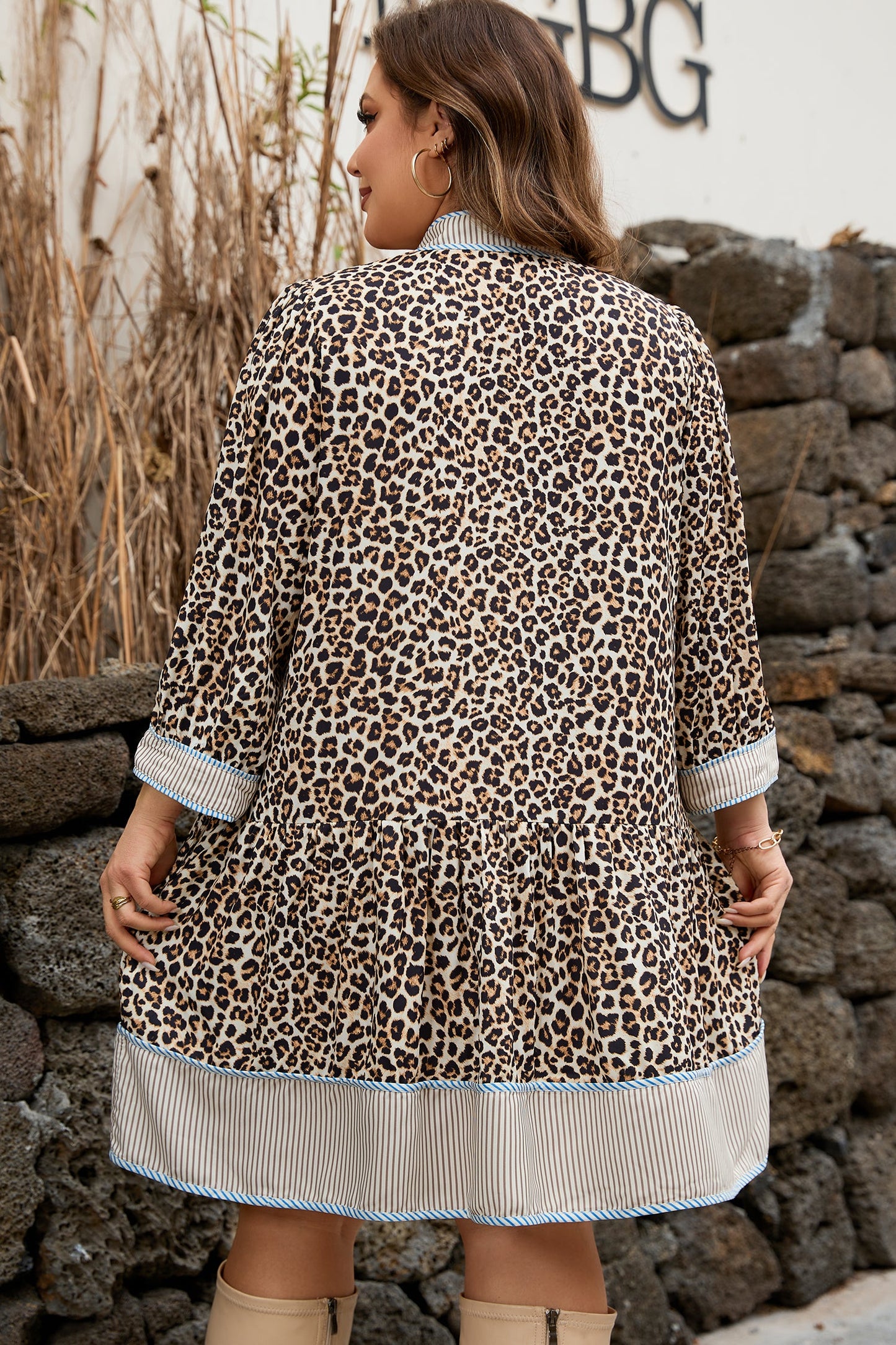 Plus Size Leopard Stripe Trim V-Neck Mini Dress