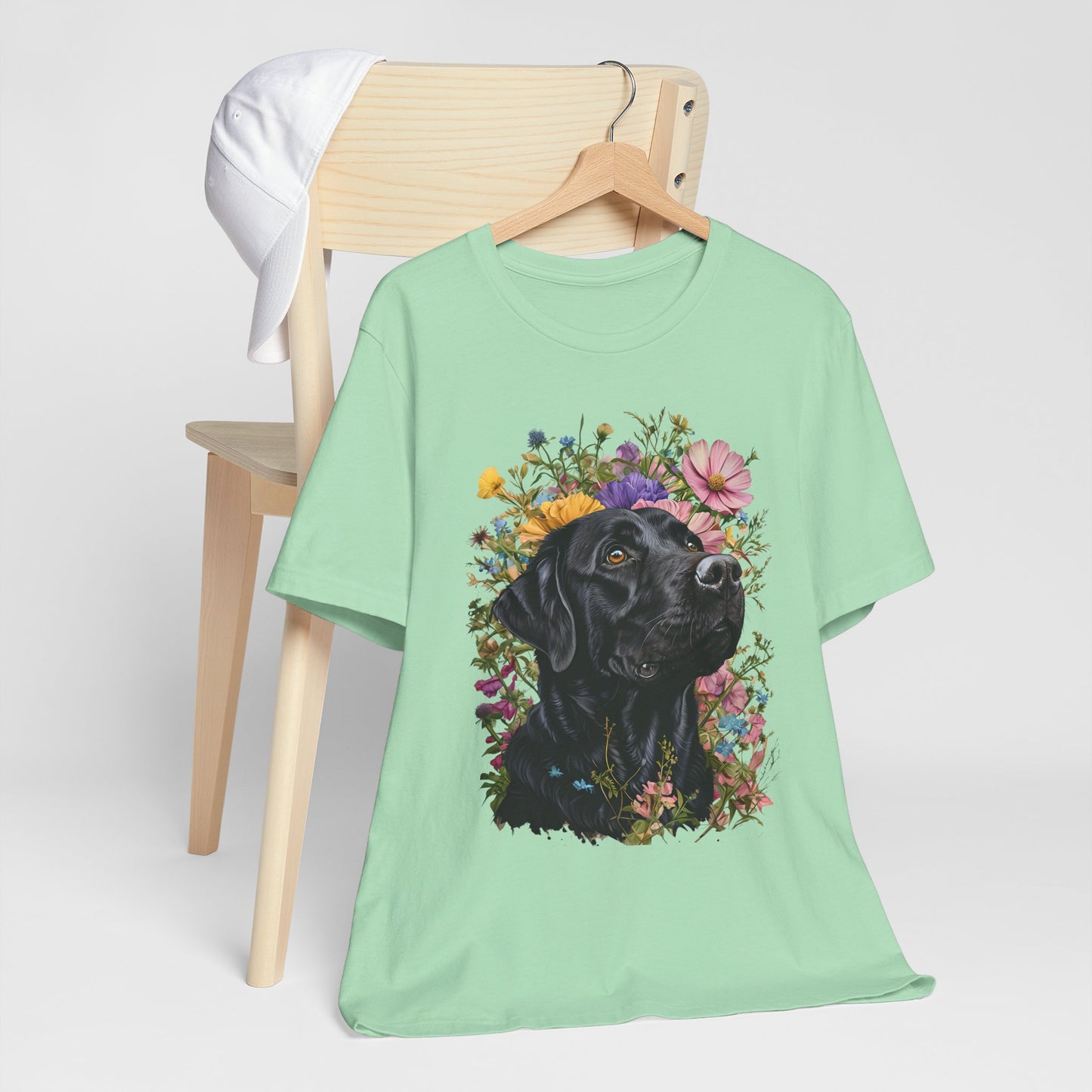 Black Lab Floral Short Sleeve Tee | Dog Lover Gift, Pet Memorial, Mother's Day Gift, Nature Lover Apparel, Casual Wear