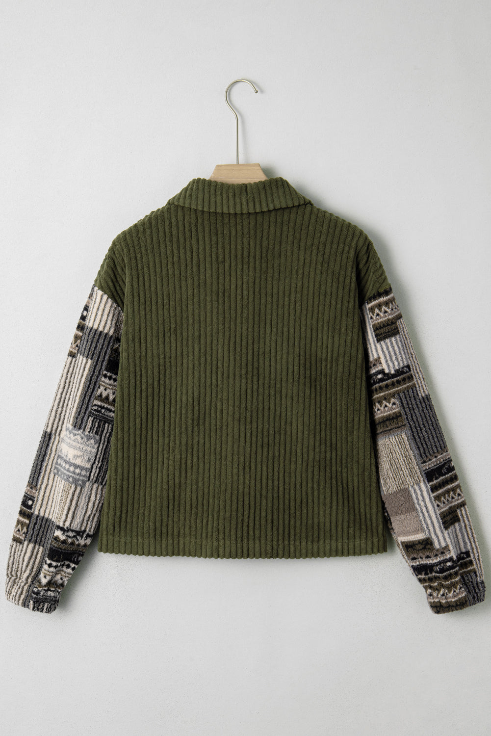 Plaid Patchwork Sleeve Button-Up Ribbed Fleece Jacket