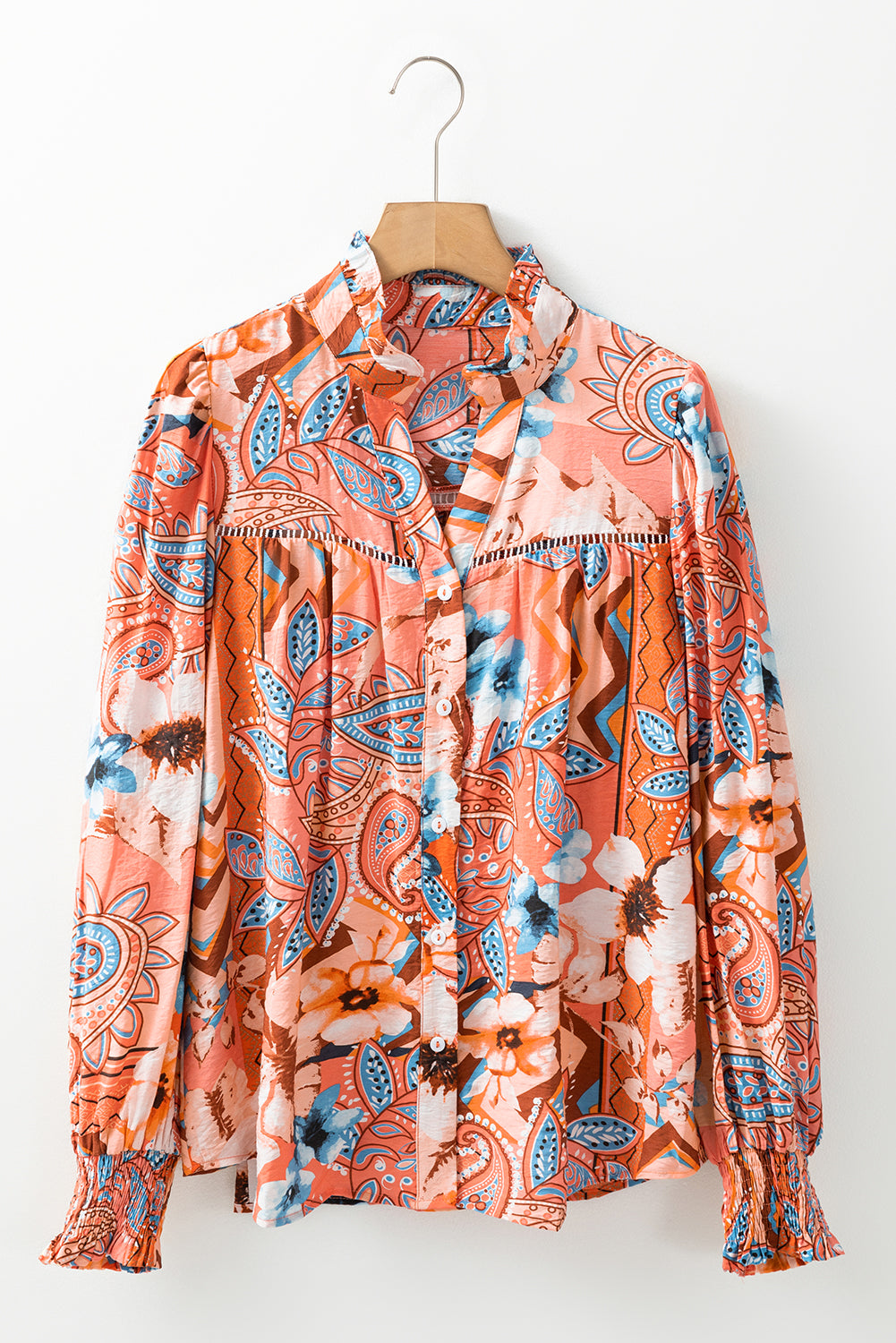 Floral Button-Up Shirred Cuff Shirt