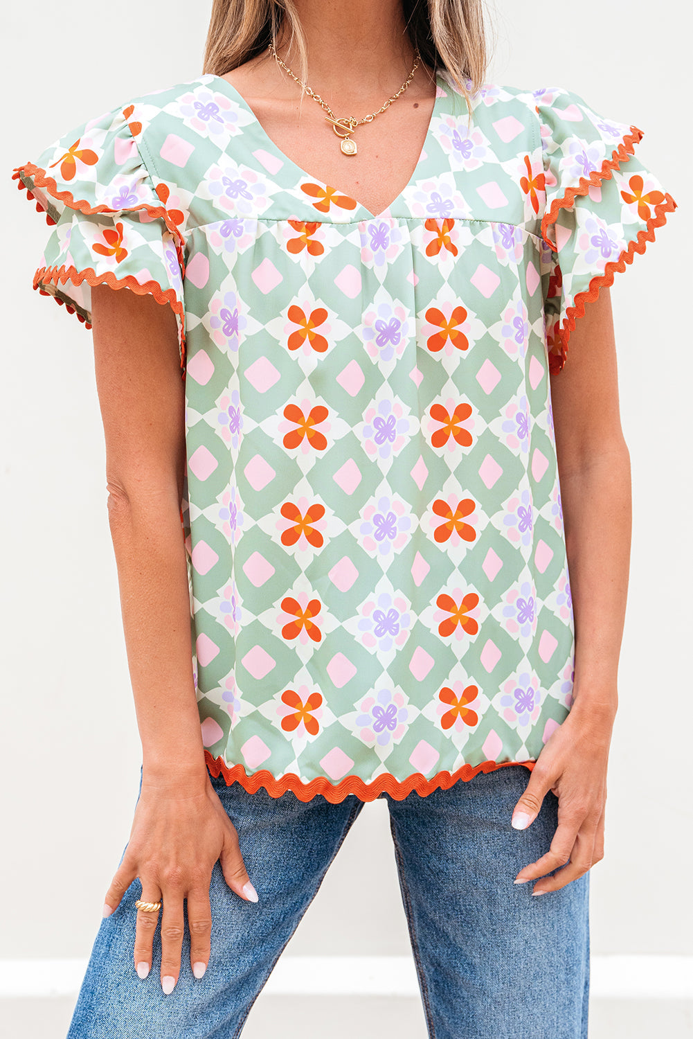 Geometric Floral V-Neck Layered Flutter Sleeve Blouse