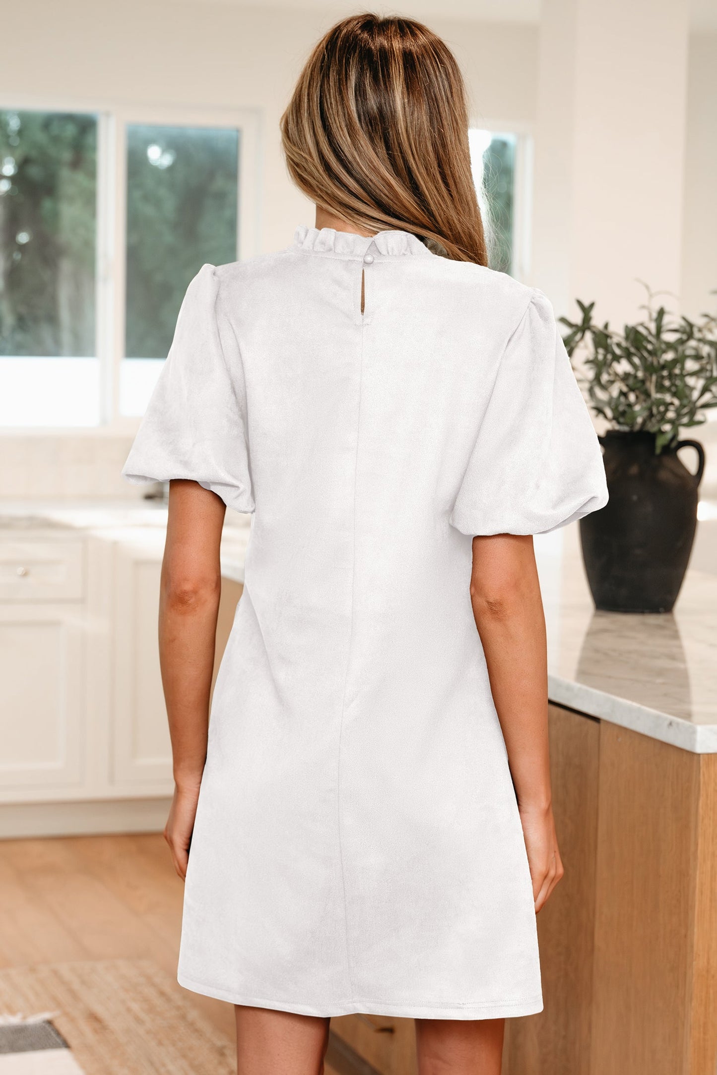 Frilled Round Neck Puff Sleeve Mini Dress