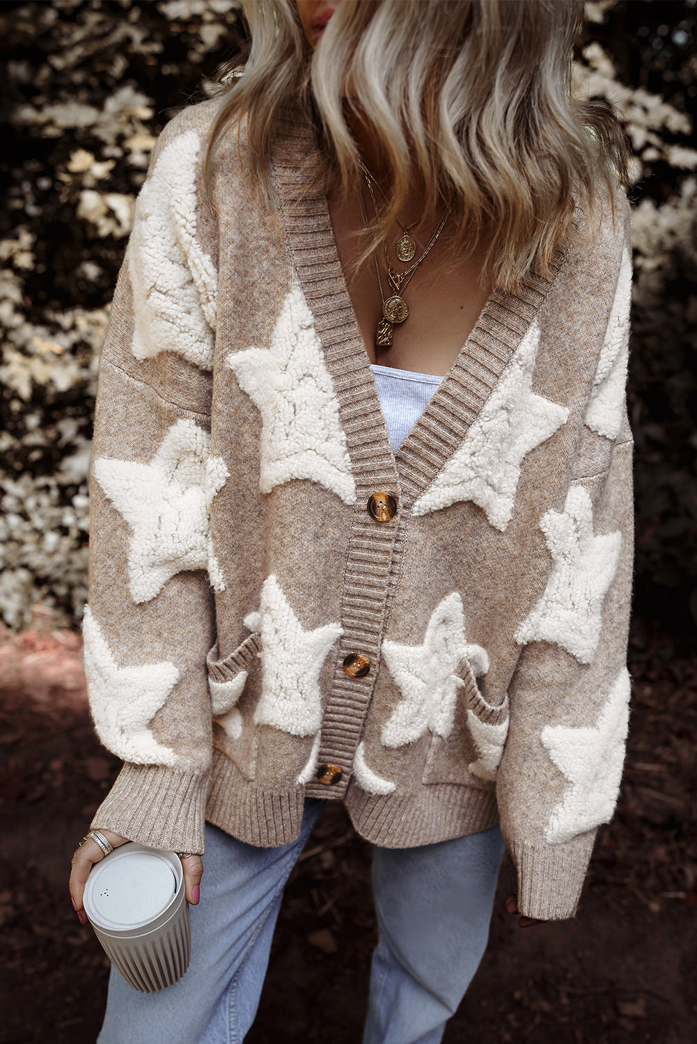 Star Sherpa Textured Buttoned Sweater Cardigan