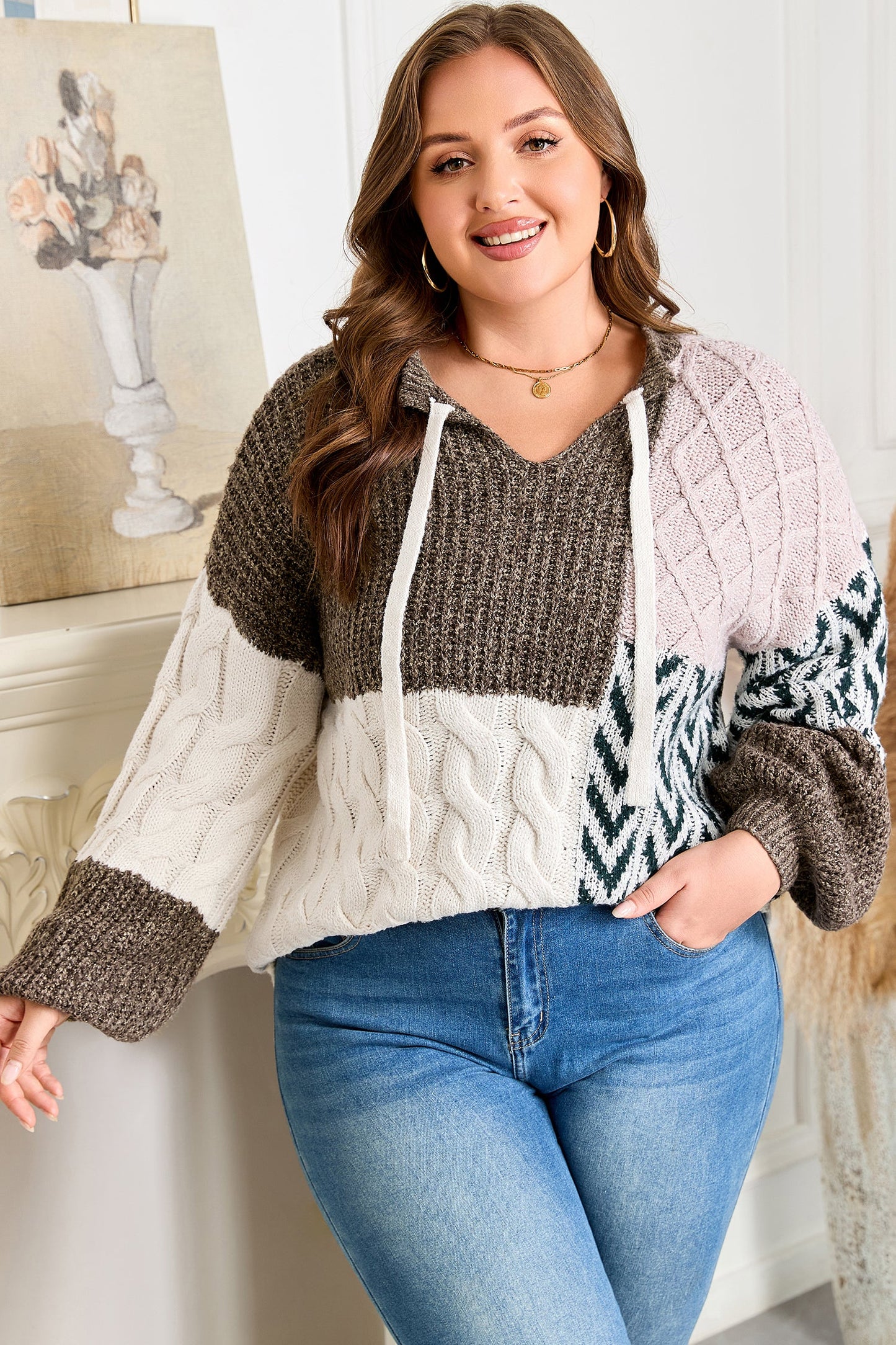 Plus Size Colorblock Cable Knit Tie Back Sweater