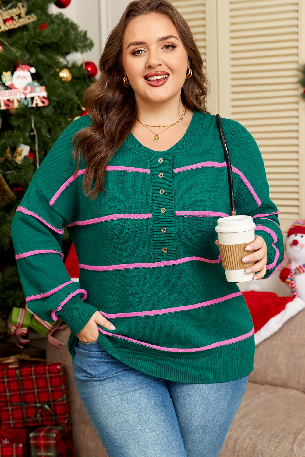 Plus Size Stripe Half Button Drop Shoulder Sweater