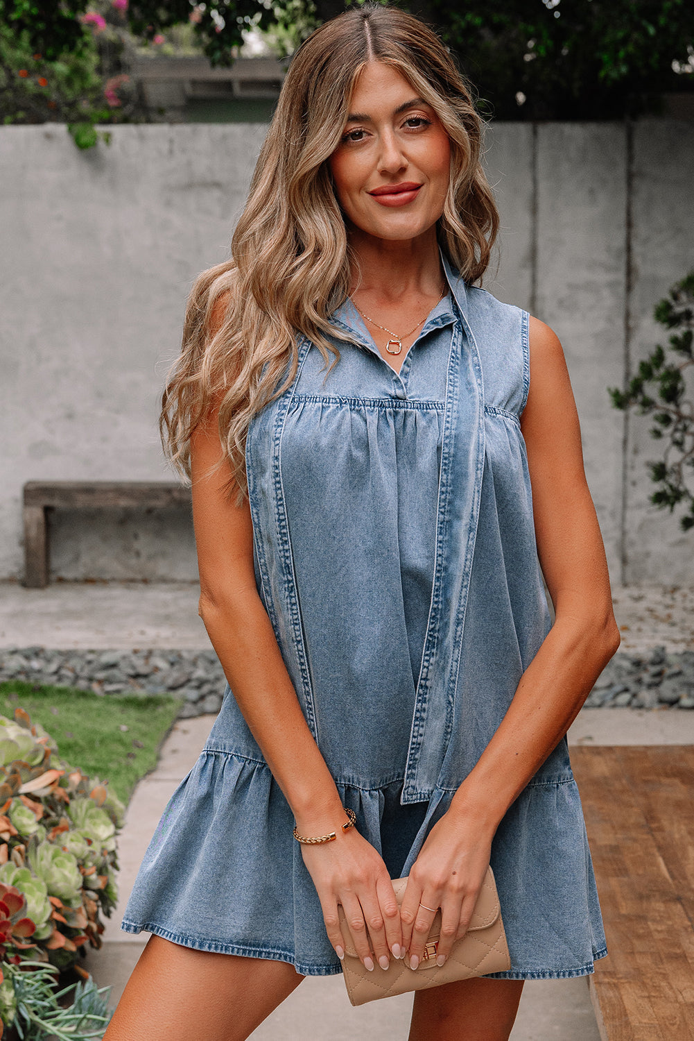 Chambray Bow Neck Sleeveless Ruffle Dress