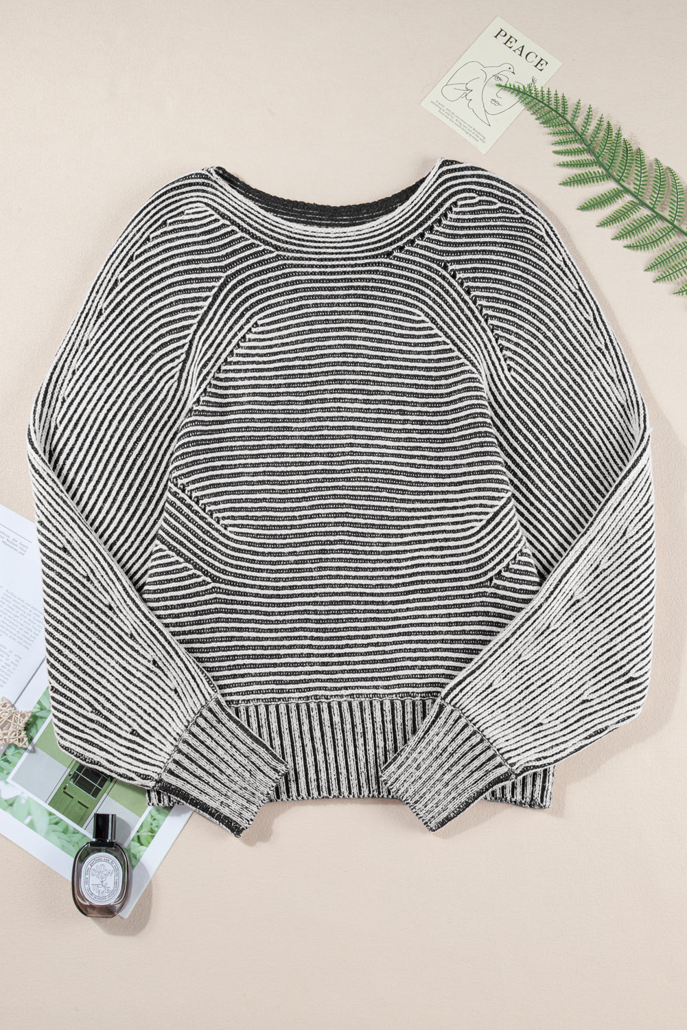 Stripe Ribbed Knit Boat Neck Sweater
