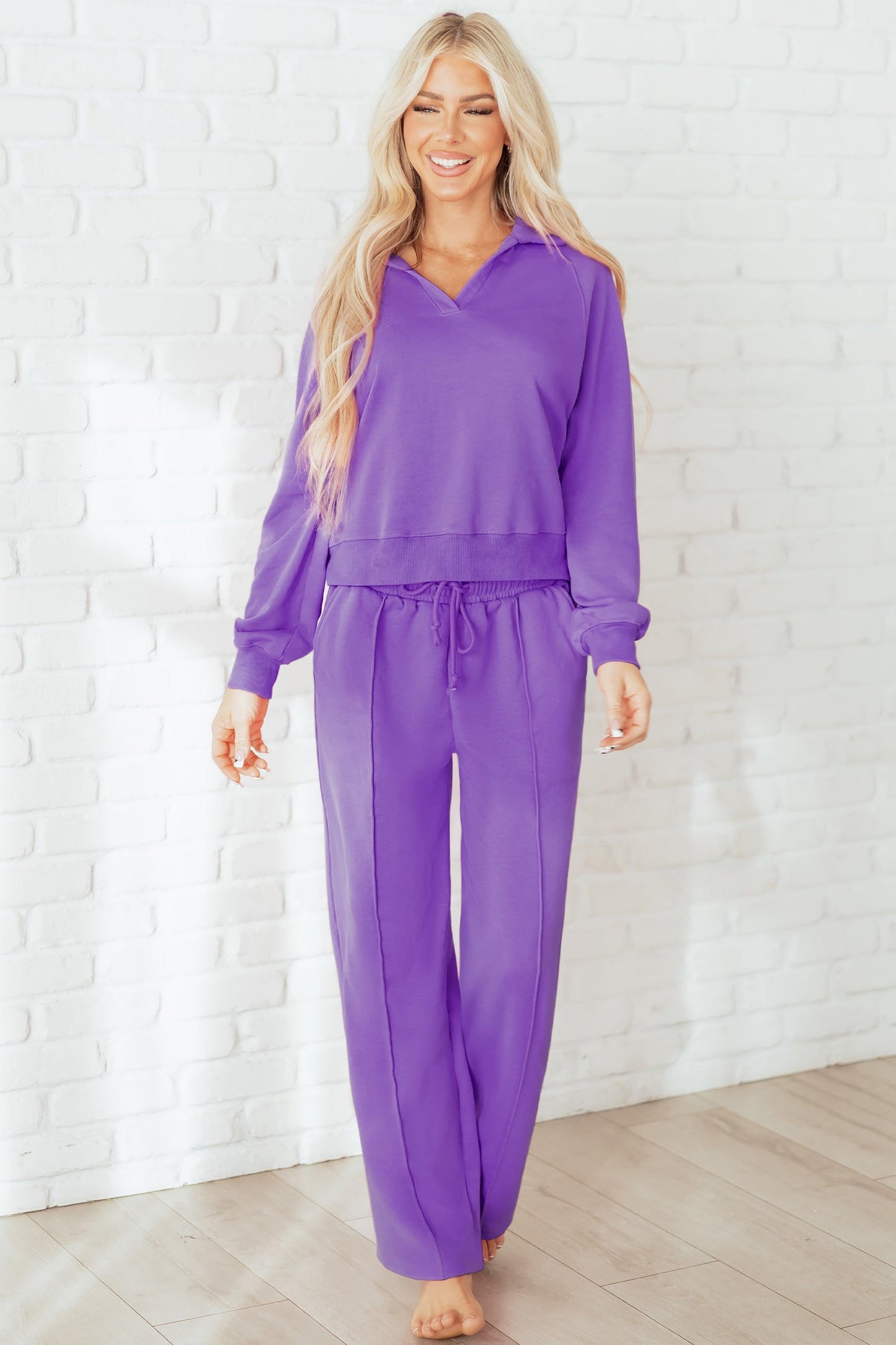 Solid Collared Top and Central Seam Pants Set