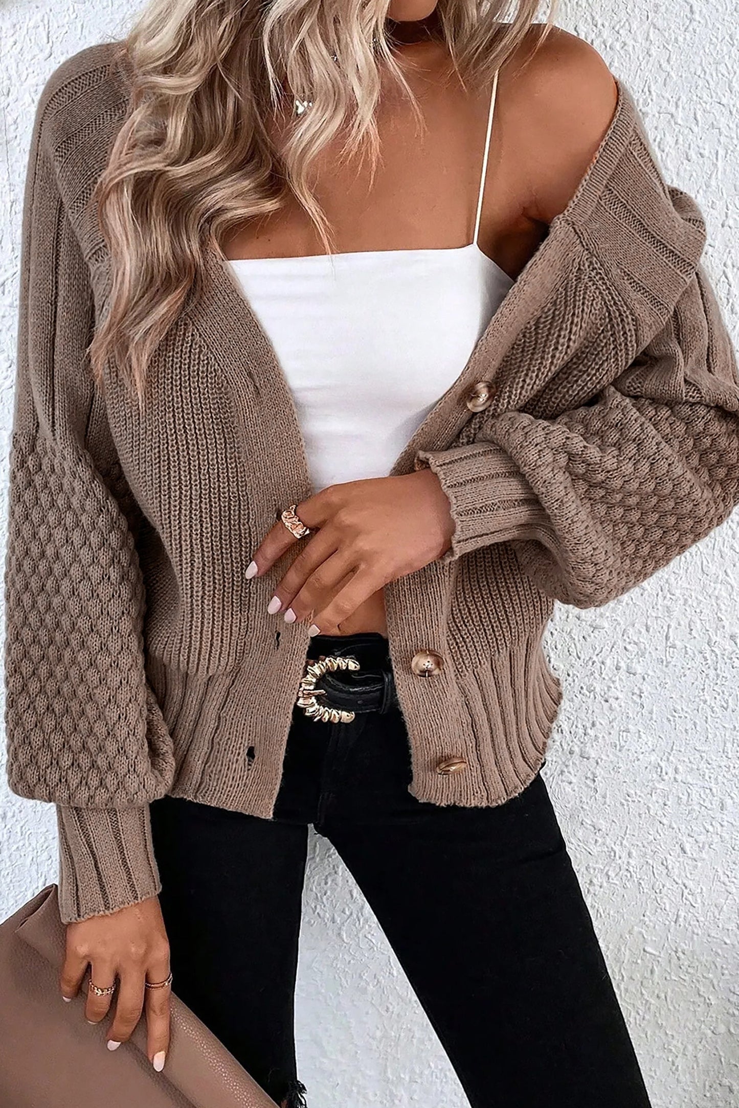 Textured Knit Button Front V-Neck Cardigan