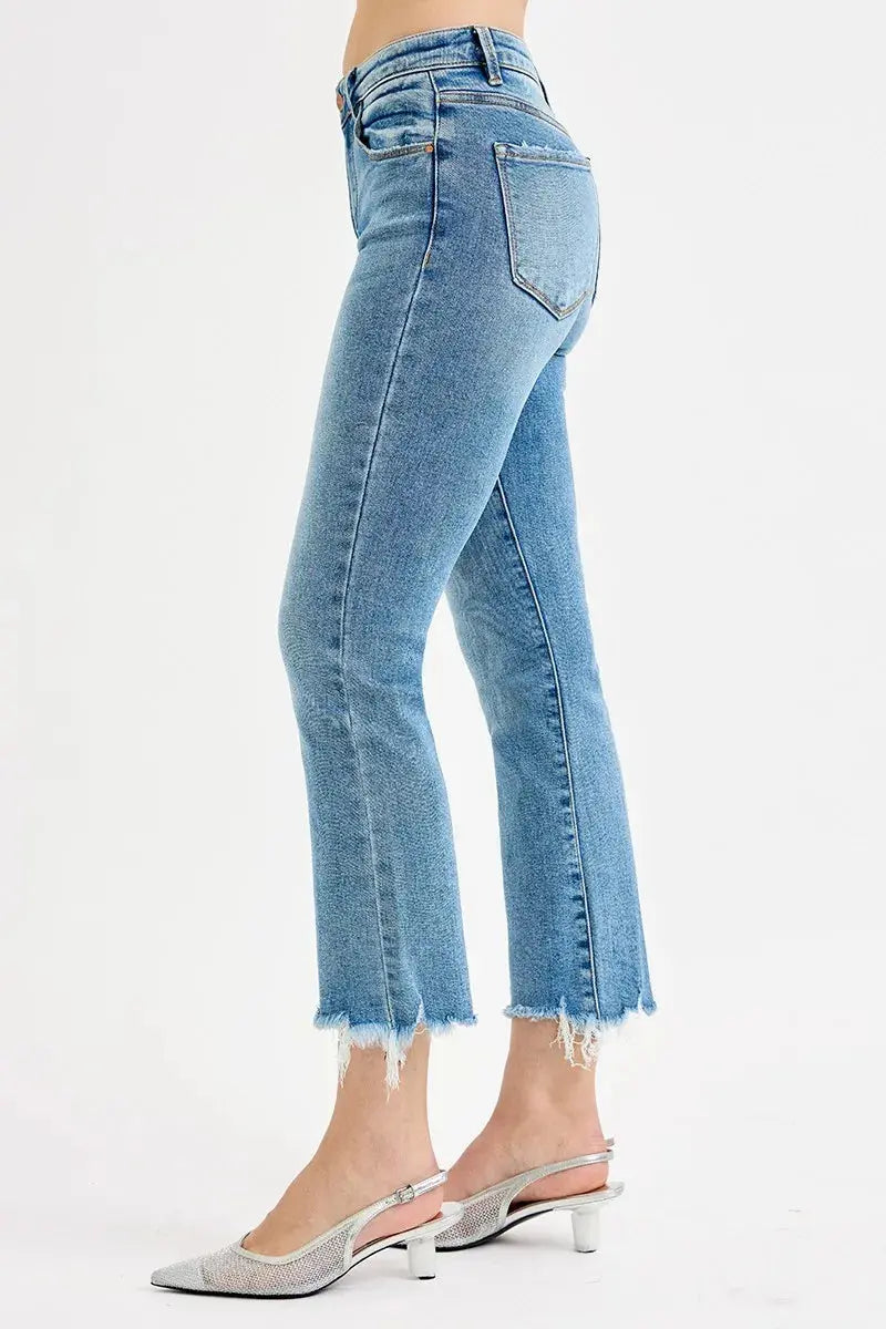 Full Size High Rise Crop Straight Slim Medium Wash RISEN Jeans
