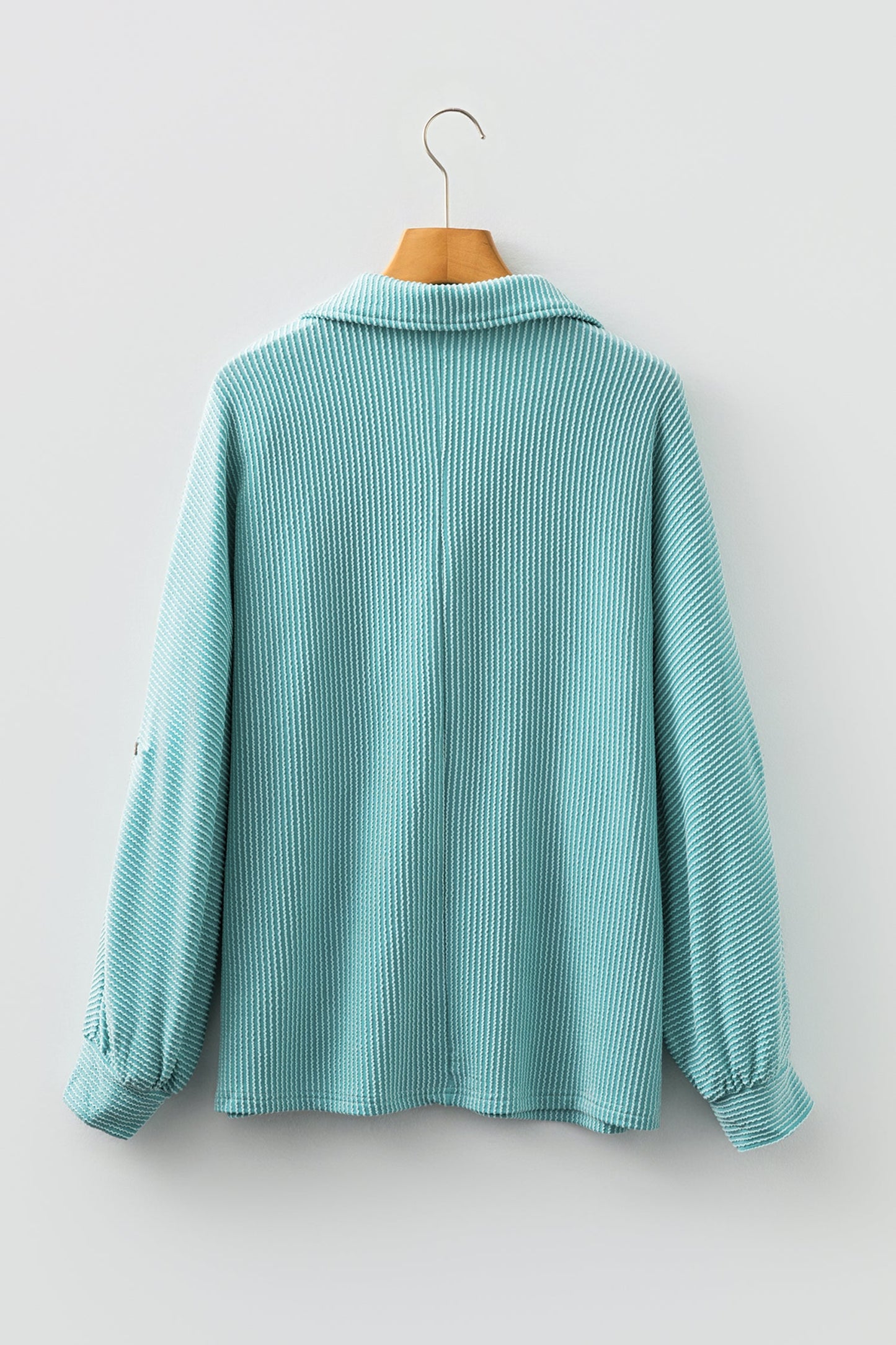 Corded Knit Roll-Up Sleeve Collared Henley Top