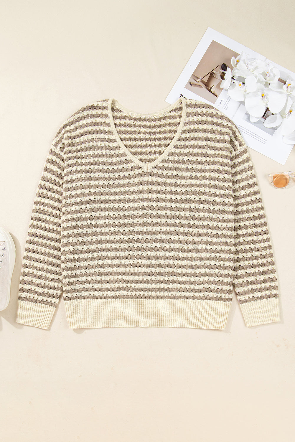 Plus Size Stripe V-Neck Drop Shoulder Sweater