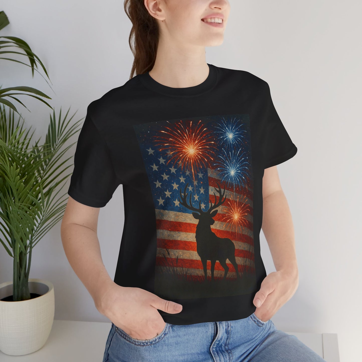 Patriotic Deer Tee, Unisex Short Sleeve Shirt, 4th of July Celebration, Independence Day Outfit, Casual Summer Wear, Americana Apparel