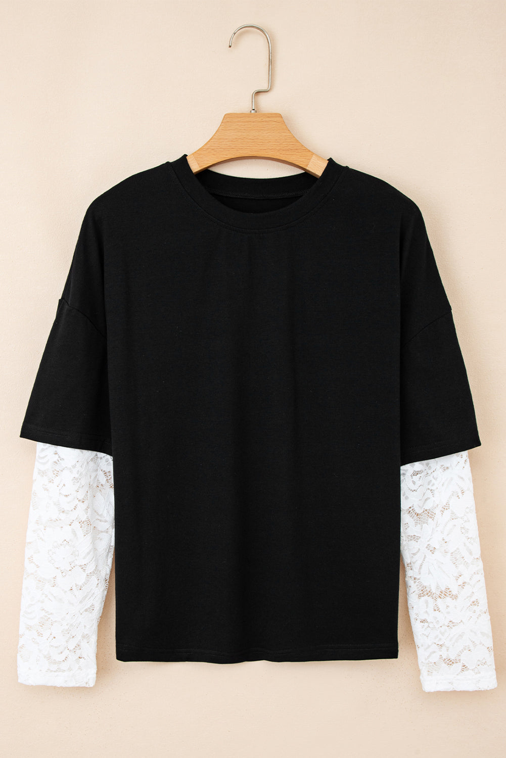 Lace Insert Long Sleeve Drop Shoulder Tee