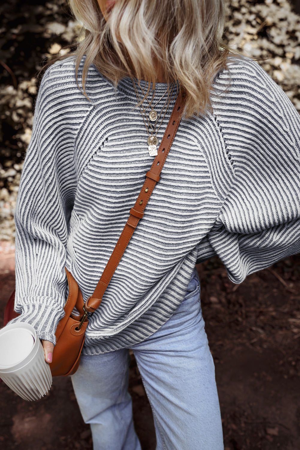 Stripe Ribbed Knit Boat Neck Sweater
