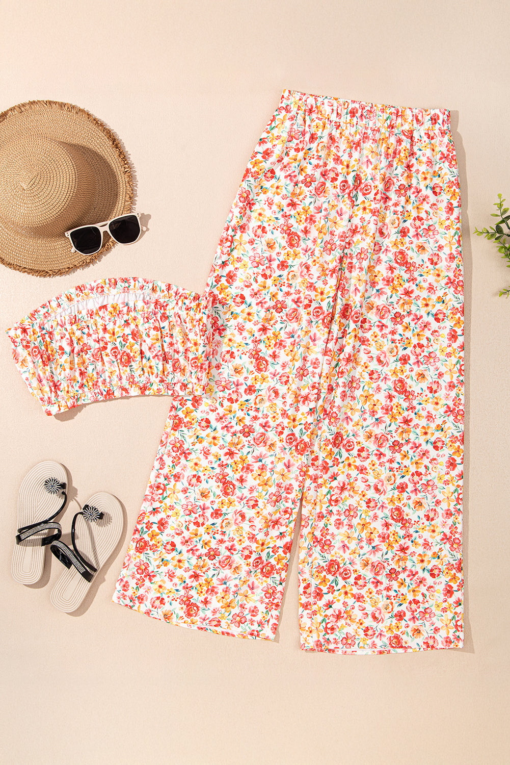 Floral Bandeau Top and Wide Leg Pants Set