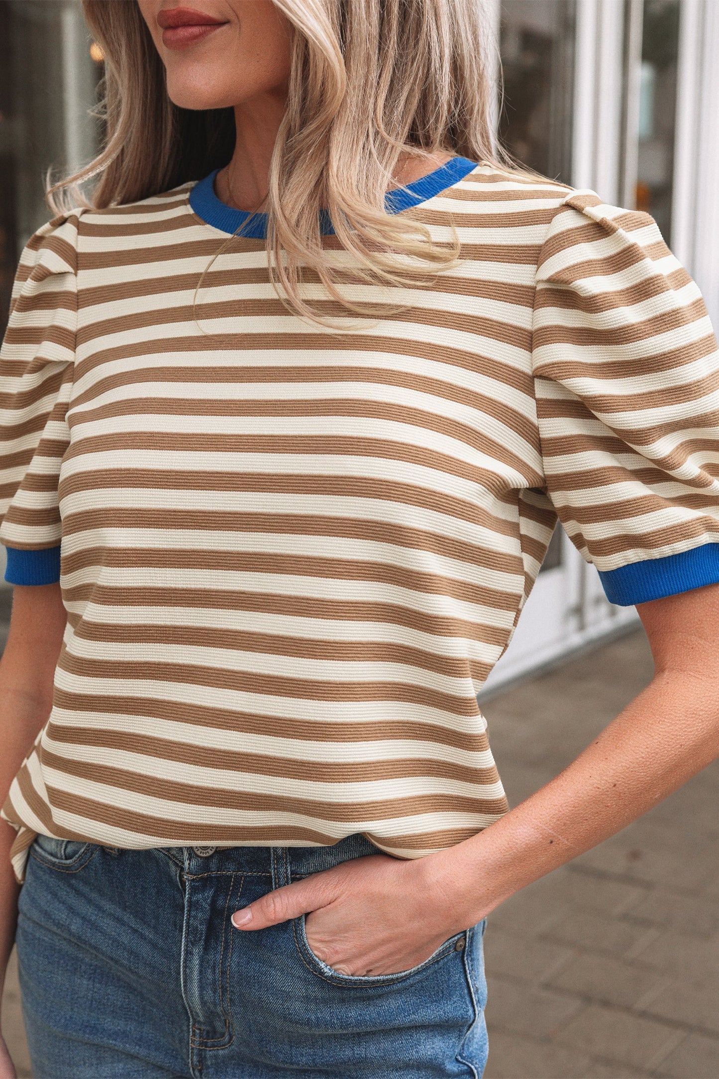 Stripe Contrast Trim Short Puff Sleeve Tee