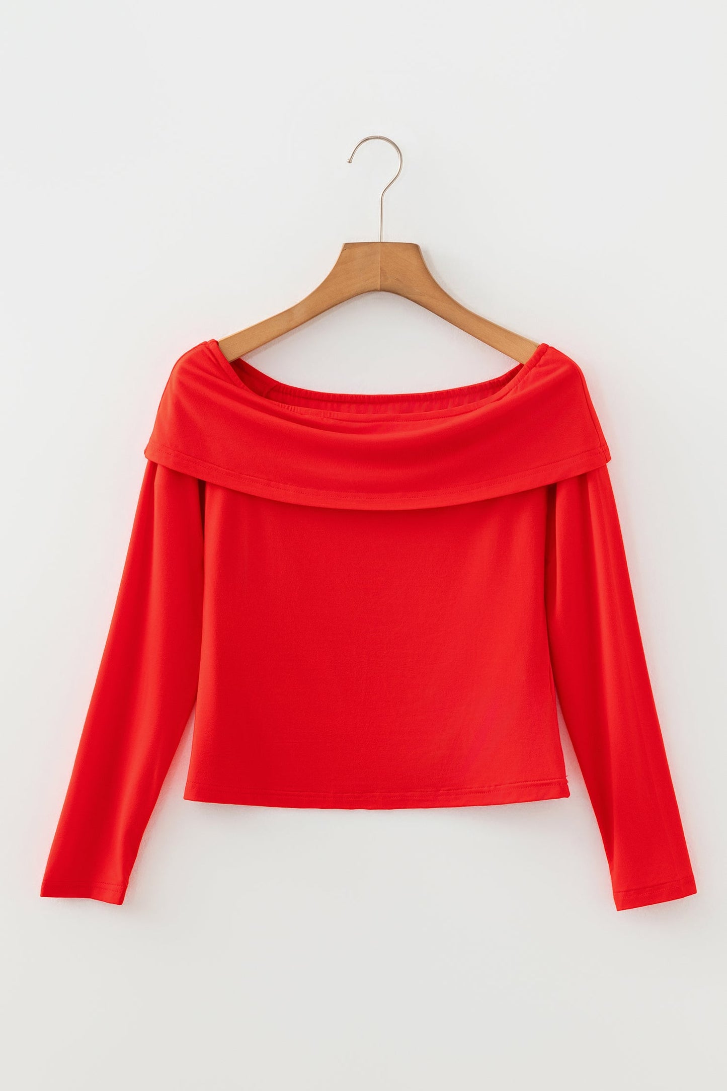Solid Fold-Over Off-Shoulder Long Sleeve Top