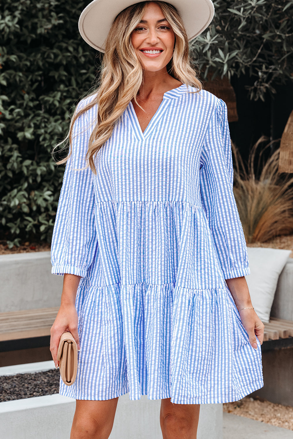 Stripe 3/4 Sleeve Pocketed Tiered Dress