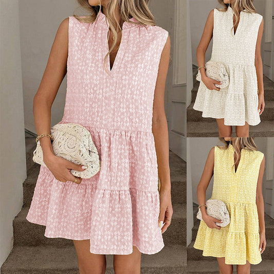 Women's Patchwork V-Neck A-Line Dress – Sleeveless Midi Dress