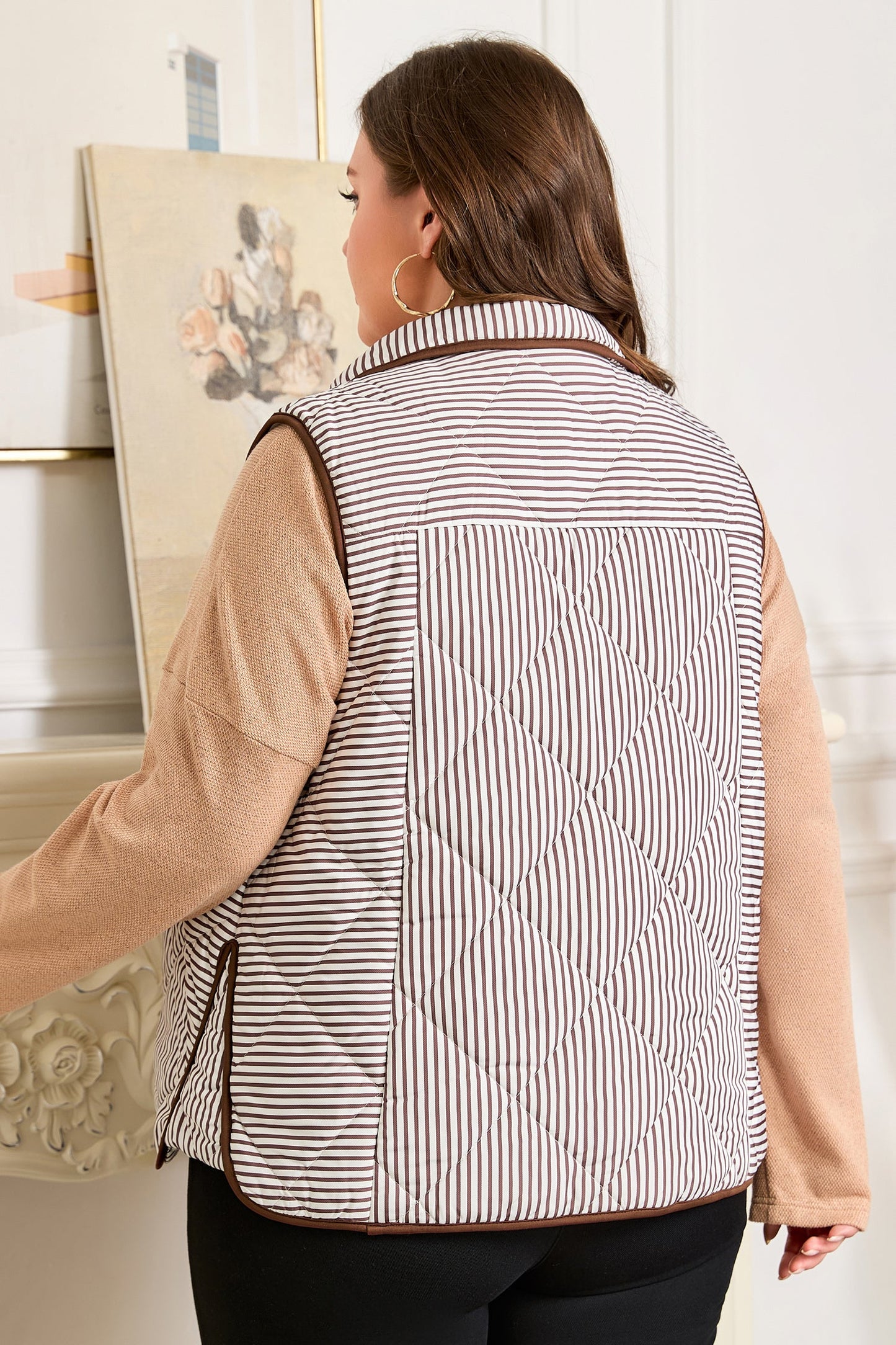 Plus Size Stripe Quilted Snap Button Vest