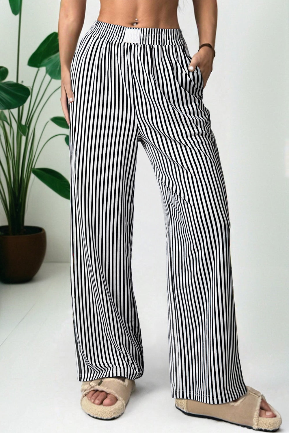 Stripe Pocketed Elastic High Waist Pants