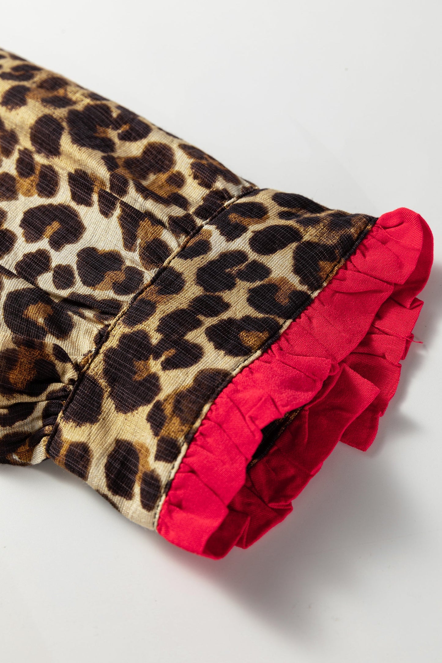 Leopard Contrast Ruffle Trim Buttoned V-Neck Shirt