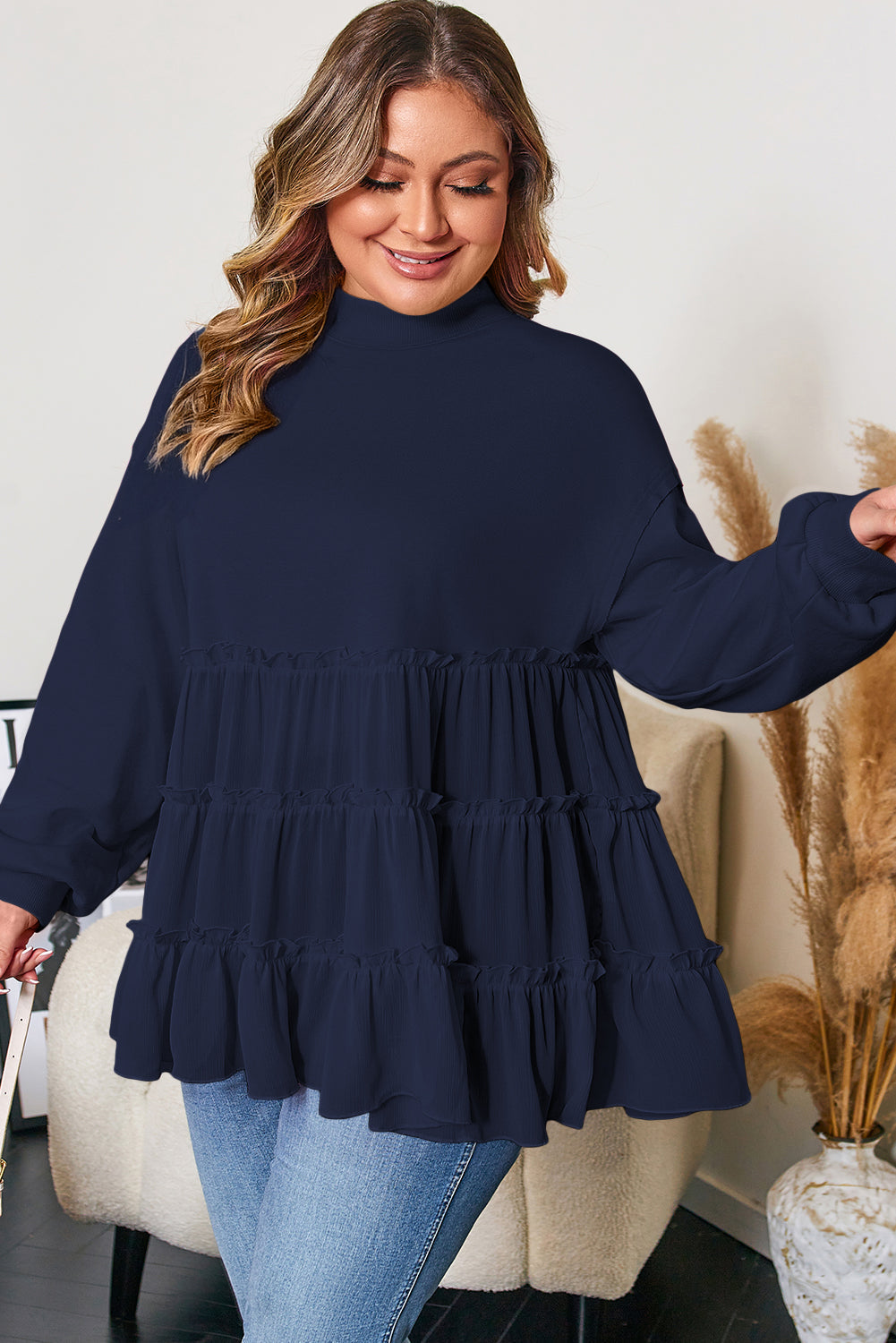 Plus Size Solid Ruffle Tiered Ribbed Crewneck Top