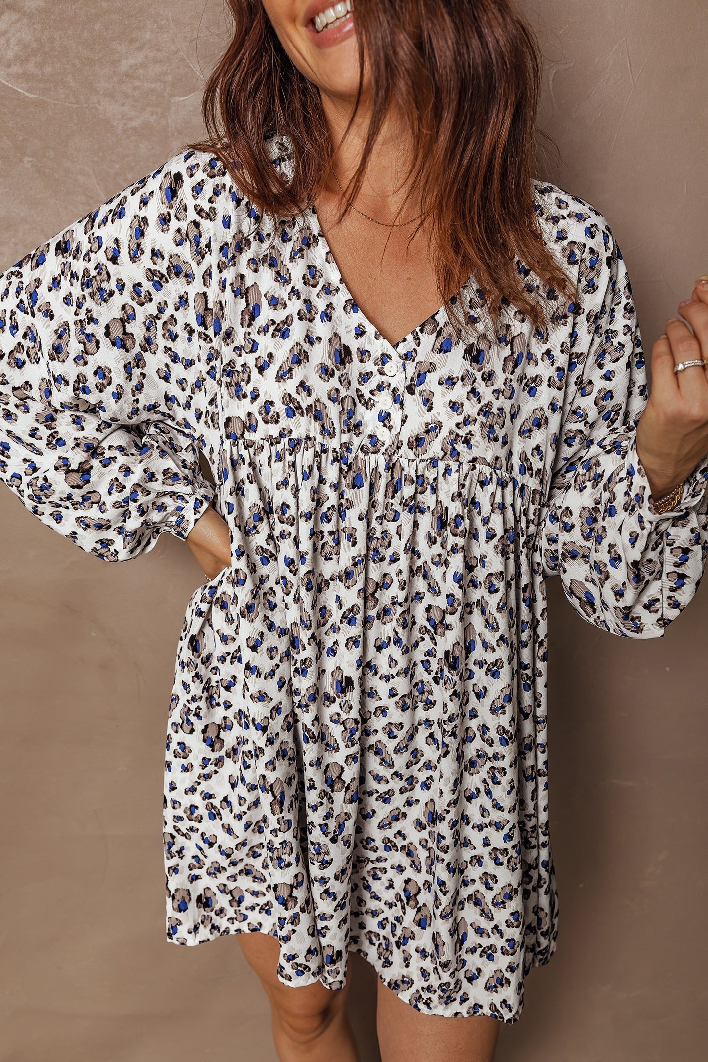 Leopard Buttoned V-Neck Long Sleeve Mini Dress