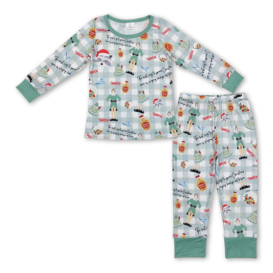 Green hat plaid long sleeves kids boys Christmas pajamas