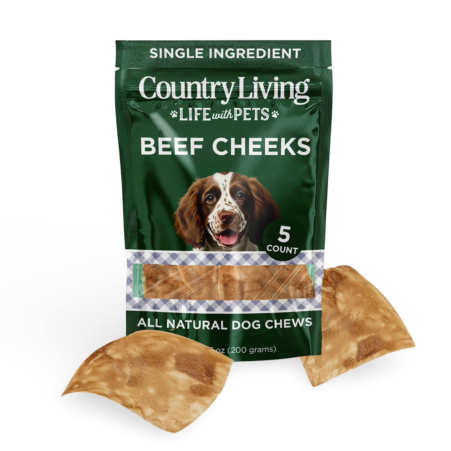 Country Living 4” x 4” Beef Cheek Chip Dog Treats – Chicken Flavor – 5 Count Bag – All-Natural, High-Protein, Long-Lasting Dog Chews