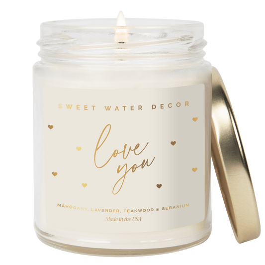 Love You Soy Candle Patterned - Clear Jar - 9 oz (Driftwood and Mahogany)
