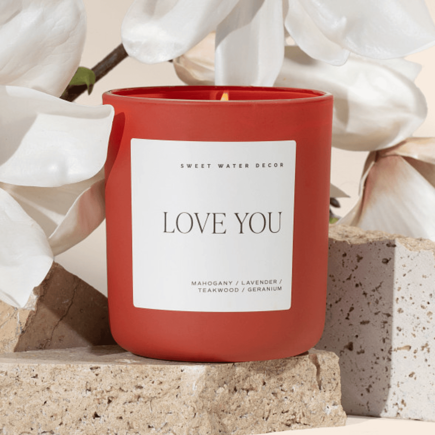 Love You Soy Candle - Red Matte Jar - 15 oz (Driftwood and Mahogany)