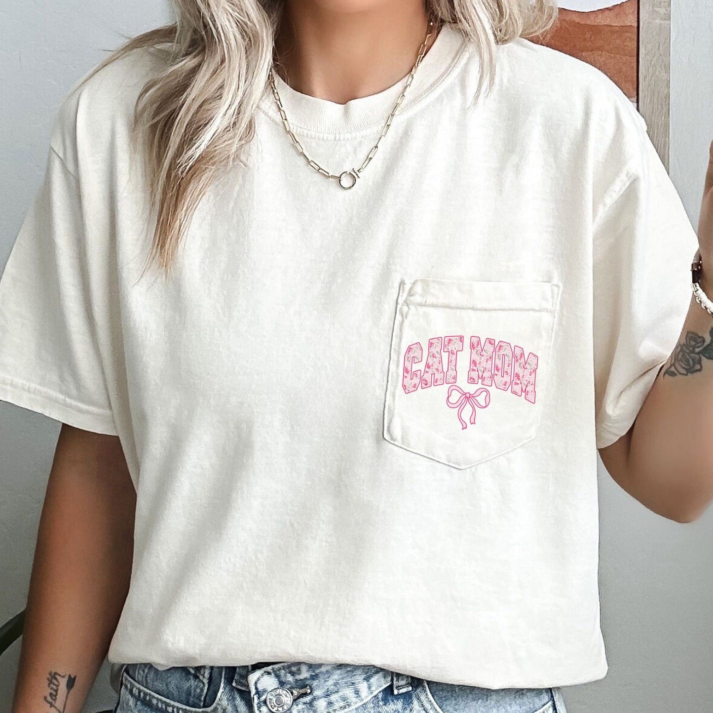Cat Mom, Coquette, Pocket, Ribbons, Bows Pocket Tee Comfort Colors T-Shirt