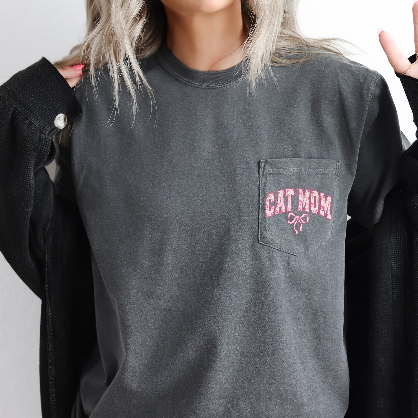 Cat Mom, Coquette, Pocket, Ribbons, Bows Pocket Tee Comfort Colors T-Shirt