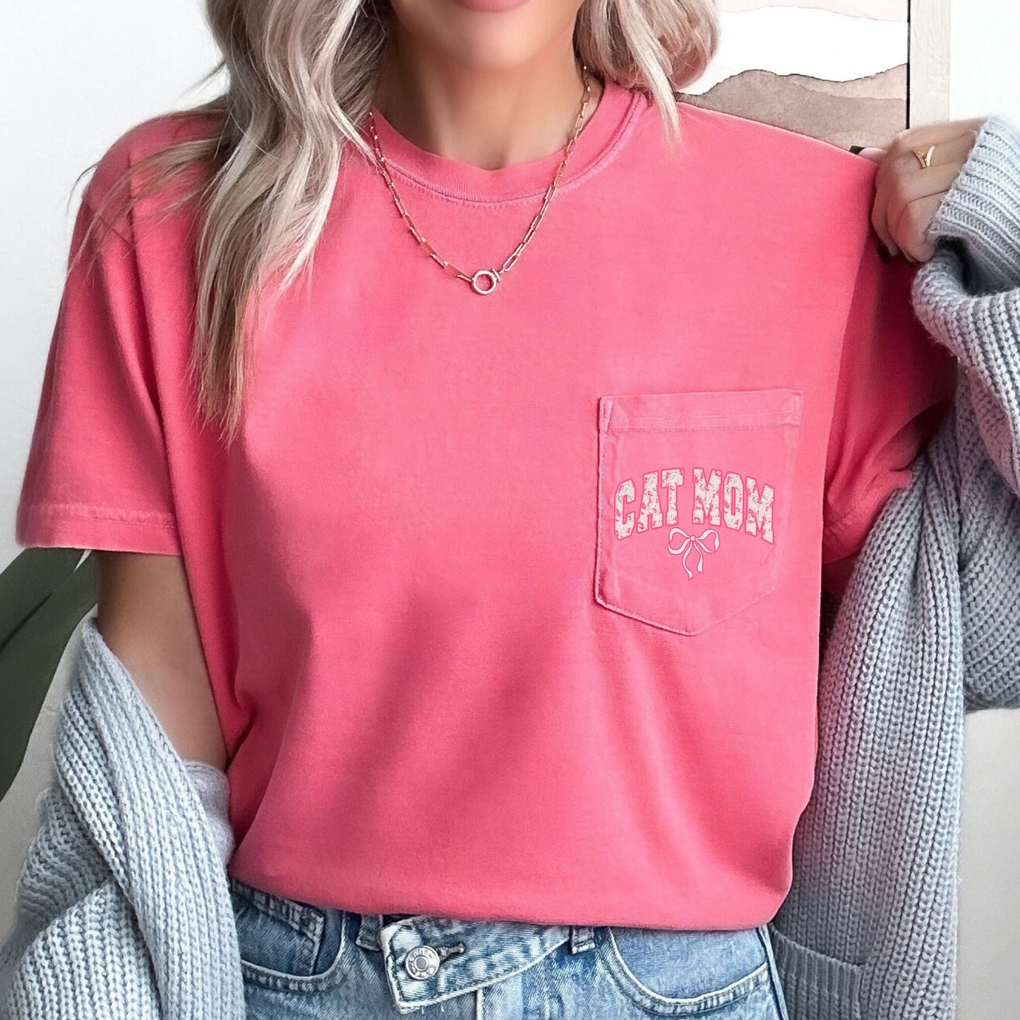 Cat Mom, Coquette, Pocket, Ribbons, Bows Pocket Tee Comfort Colors T-Shirt