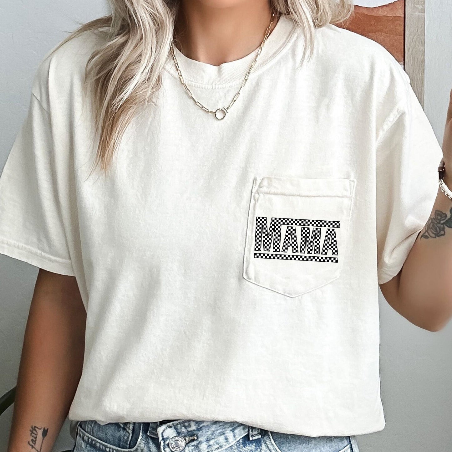 Checkered Mama, Retro, Pocket Tee Comfort Colors T-Shirt
