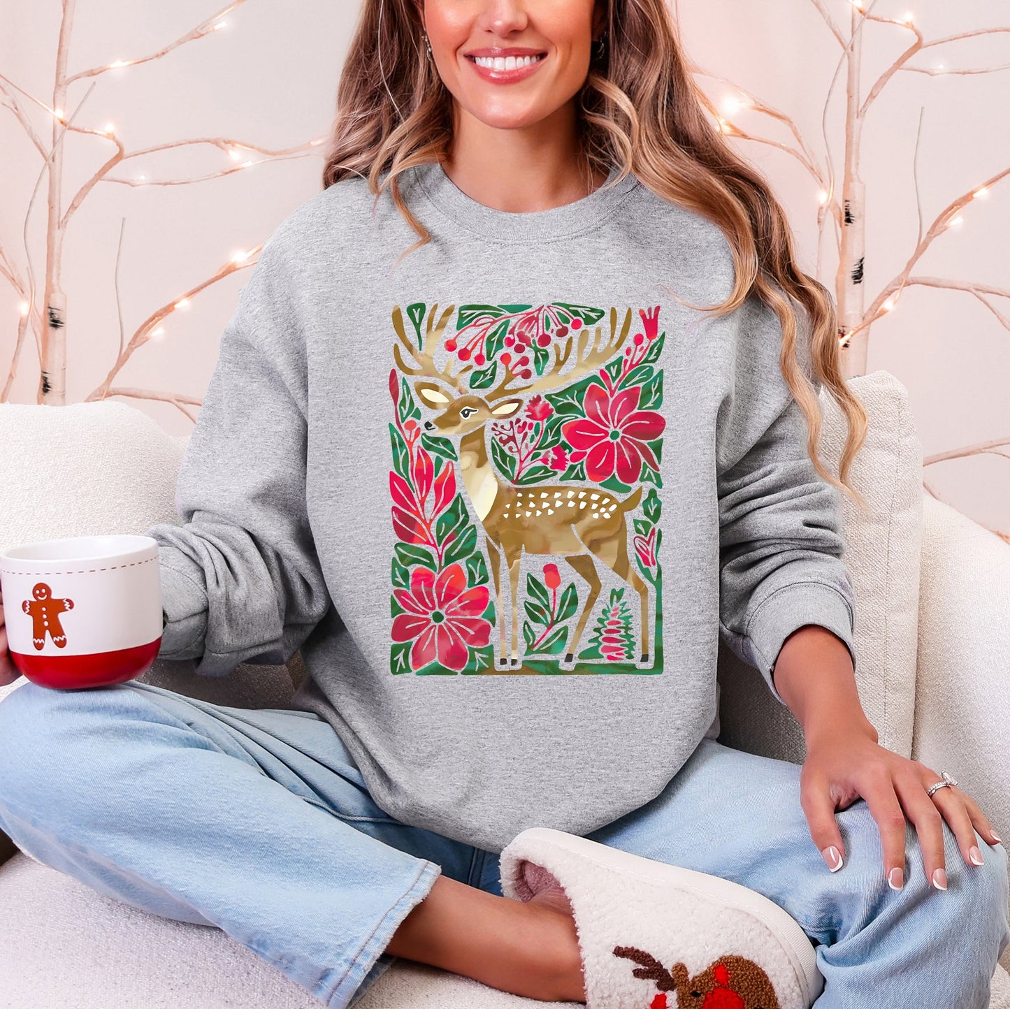 Christmas Deer, Colorful, Flowers, Santa, Snow Sweatshirt
