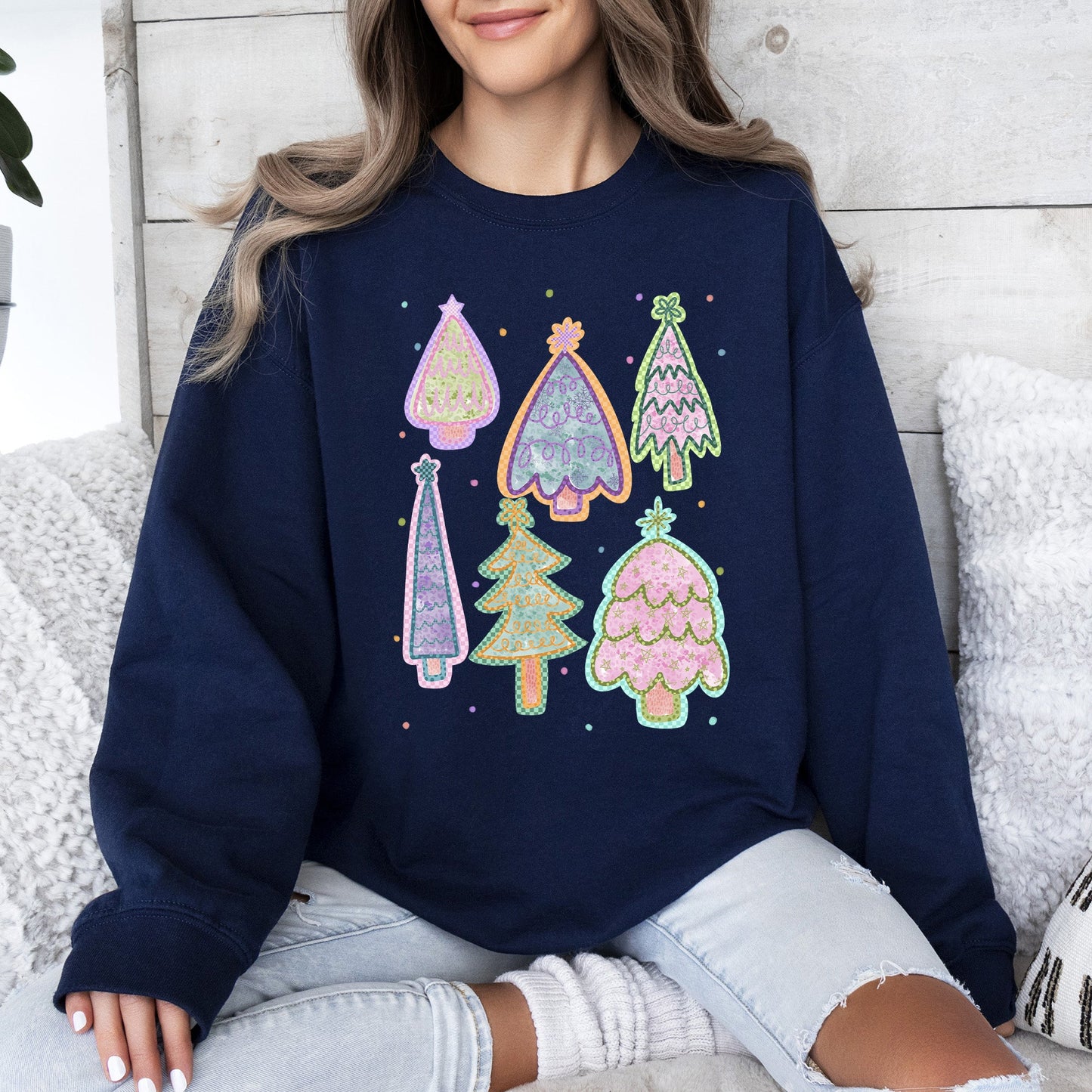 Colorful Christmas Tree, Pastels, Retro, Drawn Sweatshirt