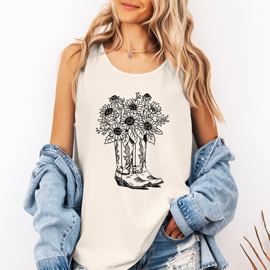 Floral Cowboy Boots, Western, Country Comfort Colors Tank Top