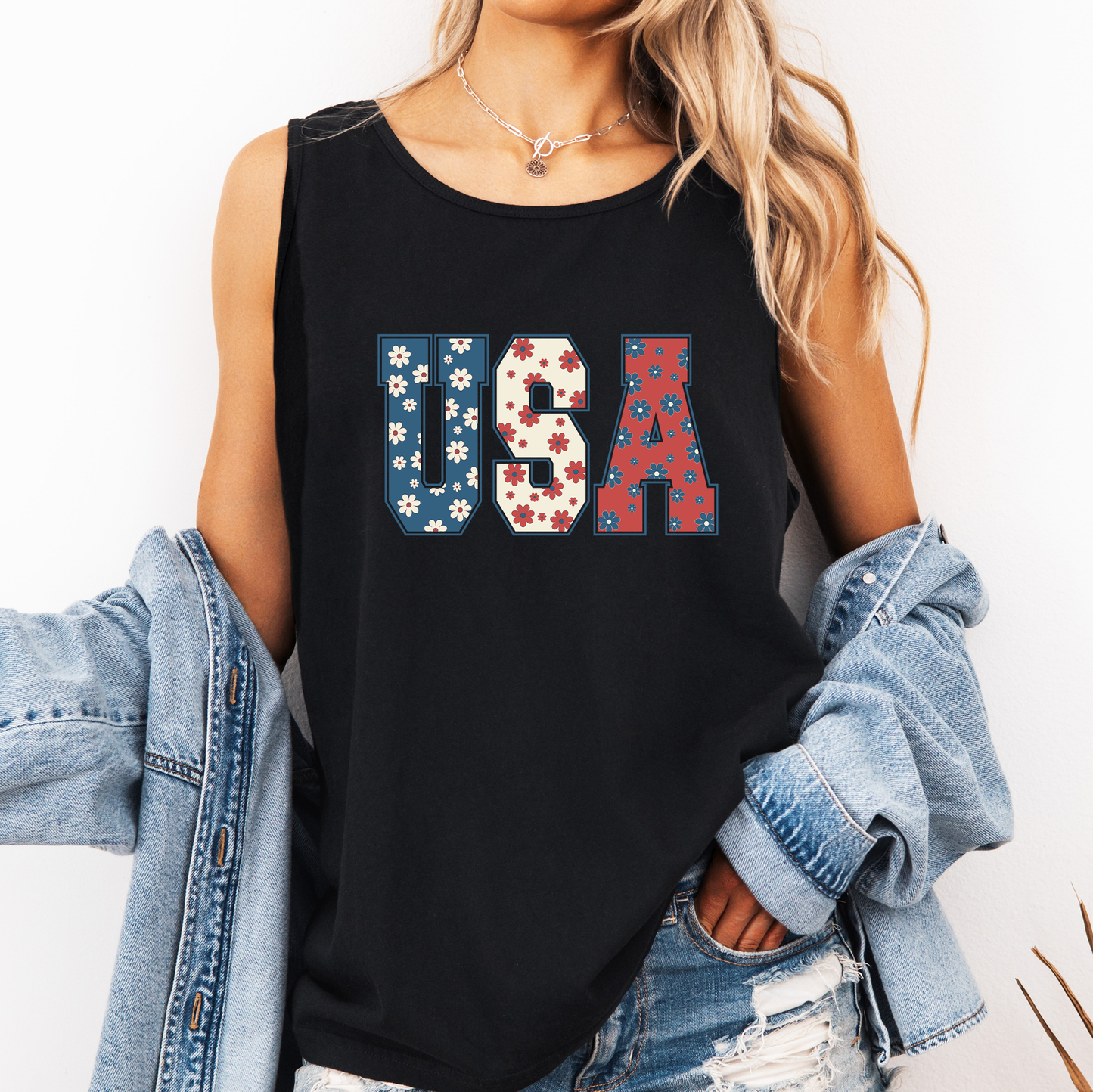 Floral USA, Fourth of July, America, Patriotic, USA Comfort Colors Tank Top