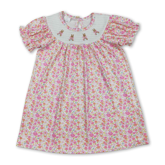 Short sleeves pink floral rabbit smocked girl Easter dress