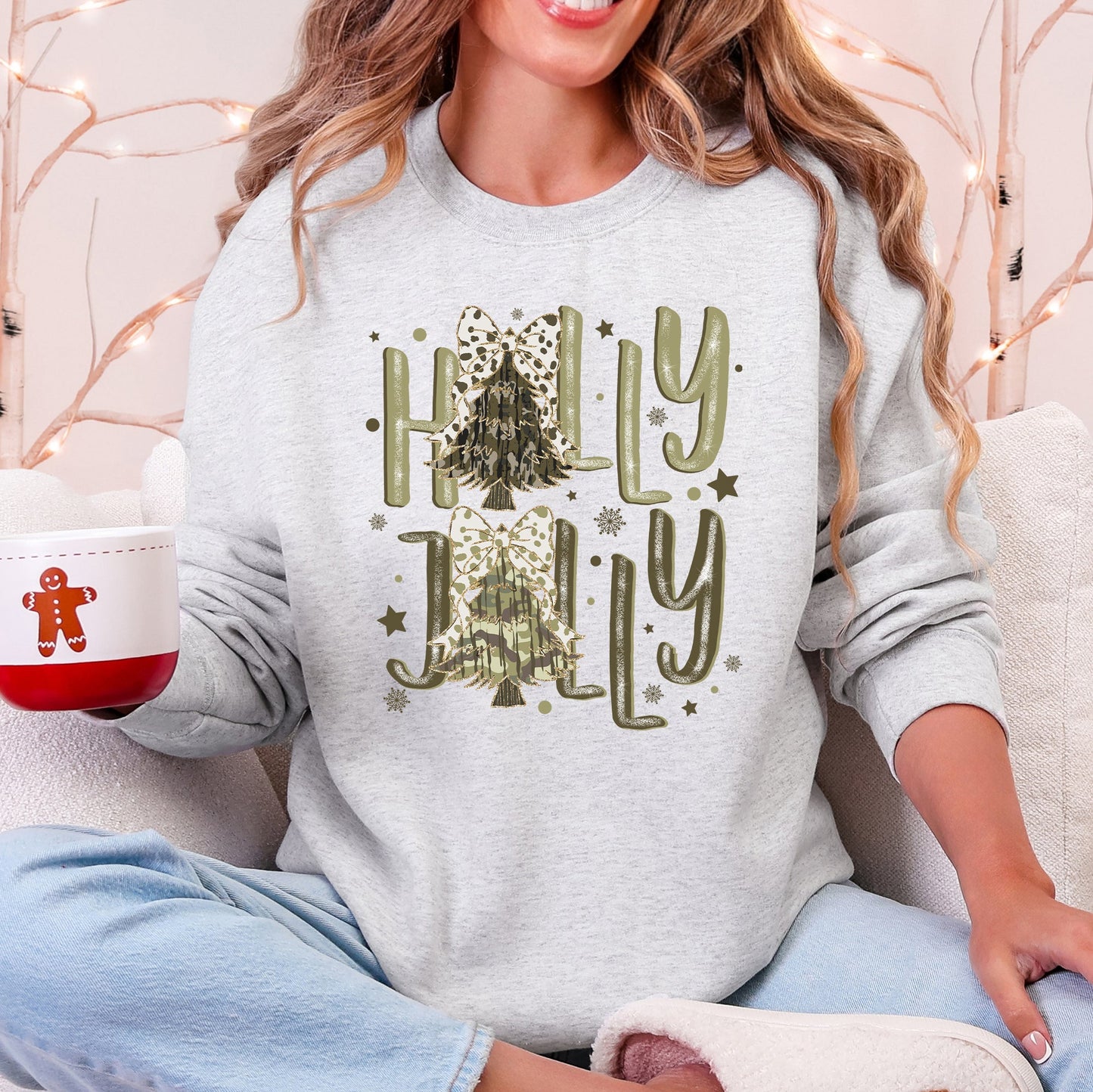 Holly Jolly, Camo Christmas Tree, Santa, Dalmatian Print, Ribbons, Bows Sweatshirt